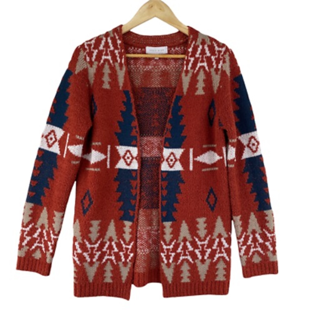 ALLY MAE Cardigan Sweater Womens Small Orange Aztec Soft Acrylic Open Front